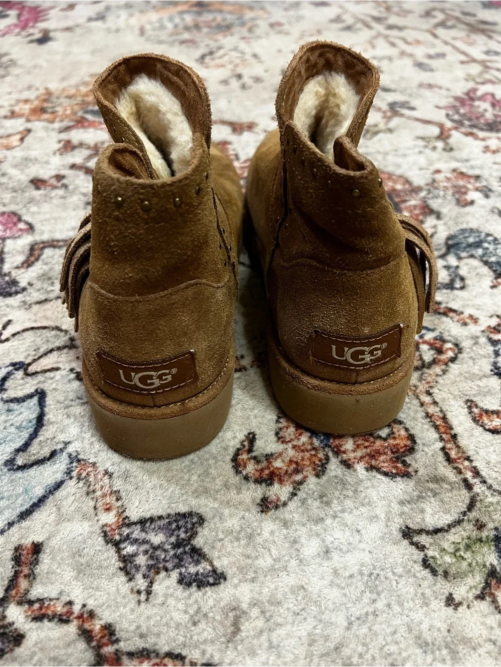 UGG Chestnut Suede Fringe Shearling Ankle Boots